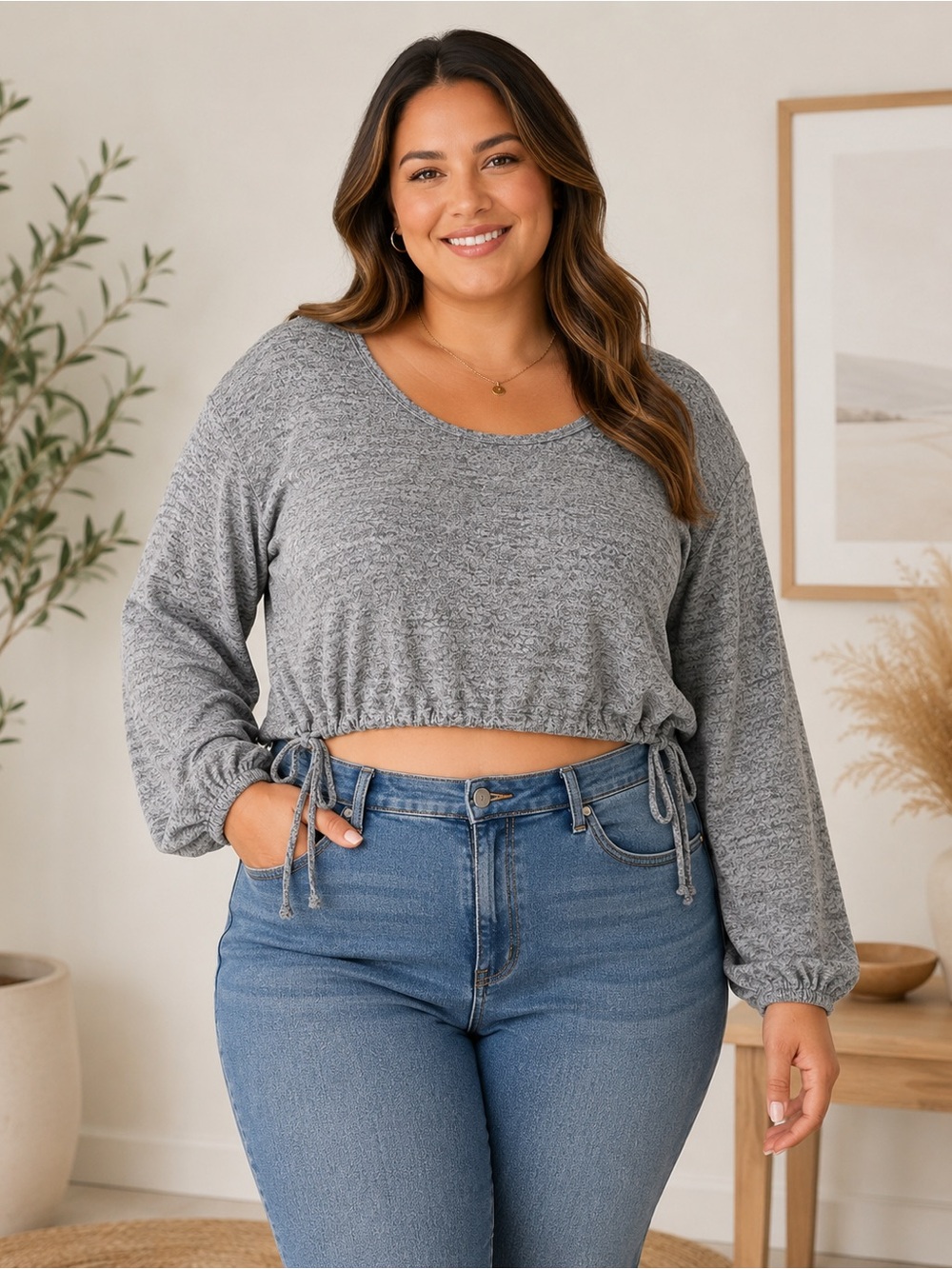 Sz XL Almost Famous Heather Gray Crisscross Back Tie-Hem Cropped Knit Top